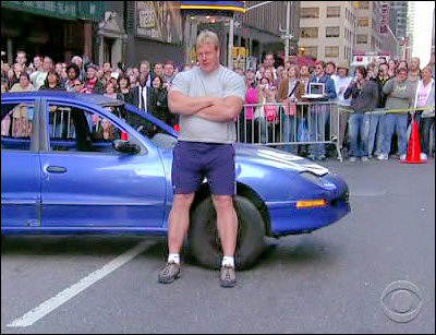 Phil Pfister, World’s Strongest Man, flips car on The Late Show With David Letterman